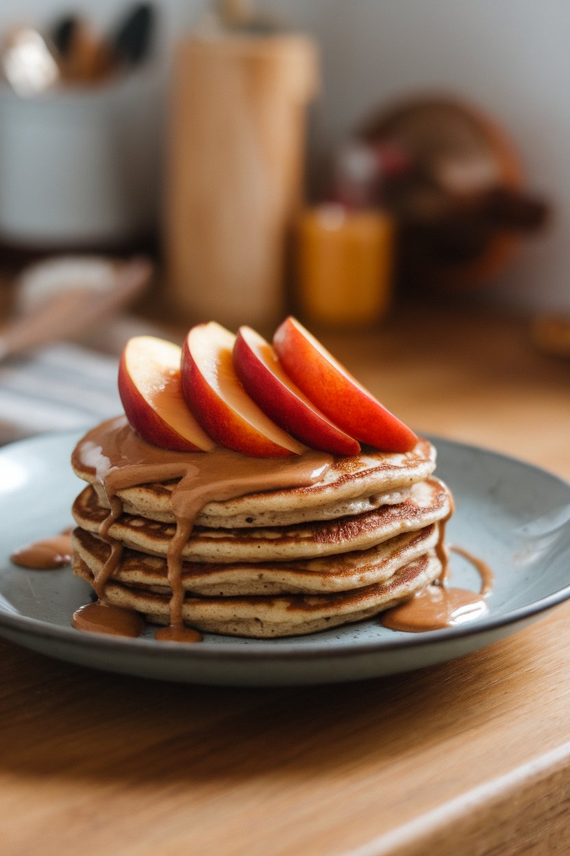 Indoor plate with nectarines fanned over almond-flour pancakes, drizzle of almond butter; no logos.