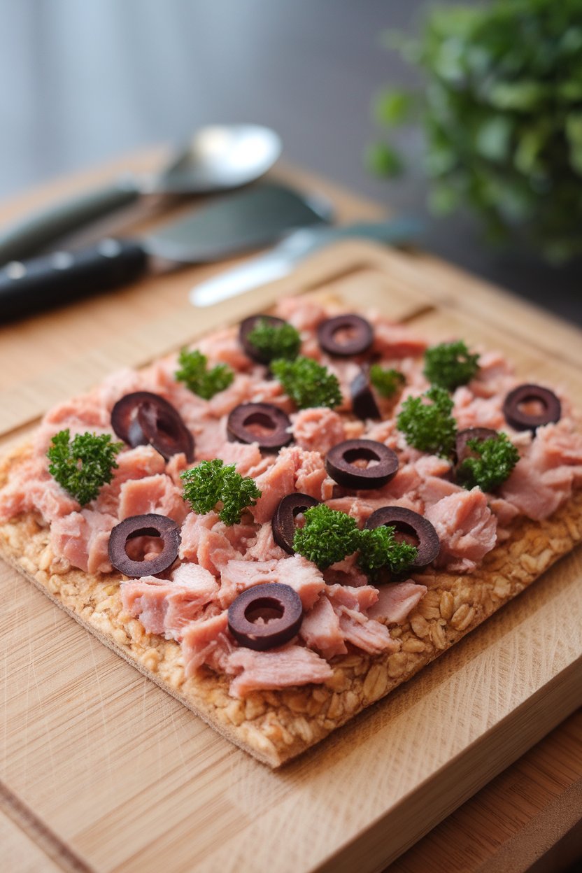 Indoor photo of rectangular oat-flour flatbread pizza topped with flaked tuna, sliced black olives, and parsley on a cutting board, no text or logos