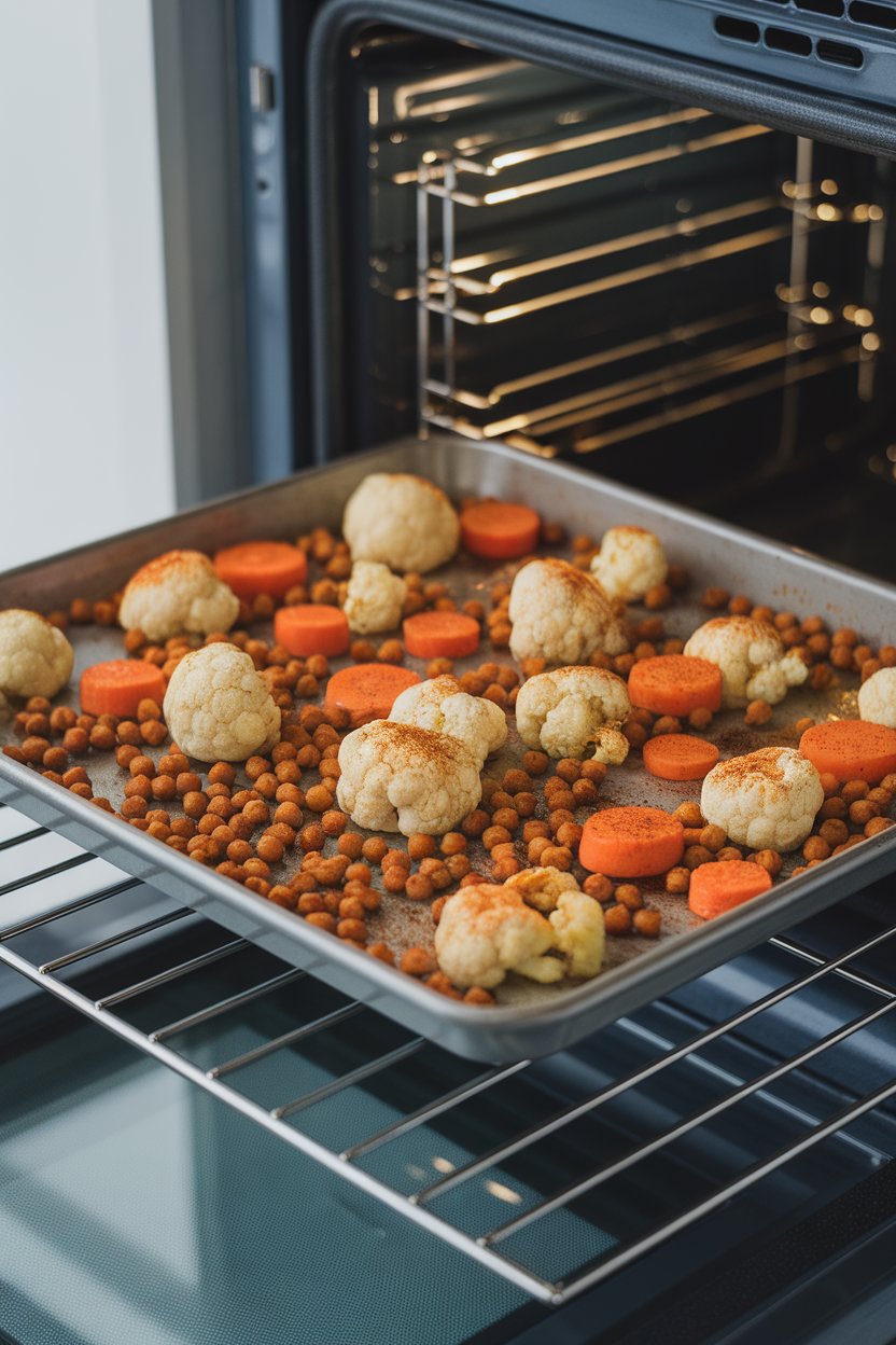 A sheet pan on an indoor oven rack with roasted chickpeas, cauliflower florets, and carrot rounds dusted in paprika. No text or branding present.