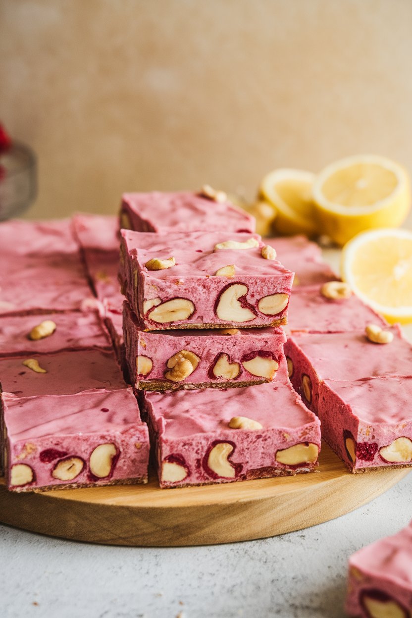 Indoor photo of pink raspberry cashew bars with a thin lemon layer, sliced into neat squares on a wooden board. No text or logos.
