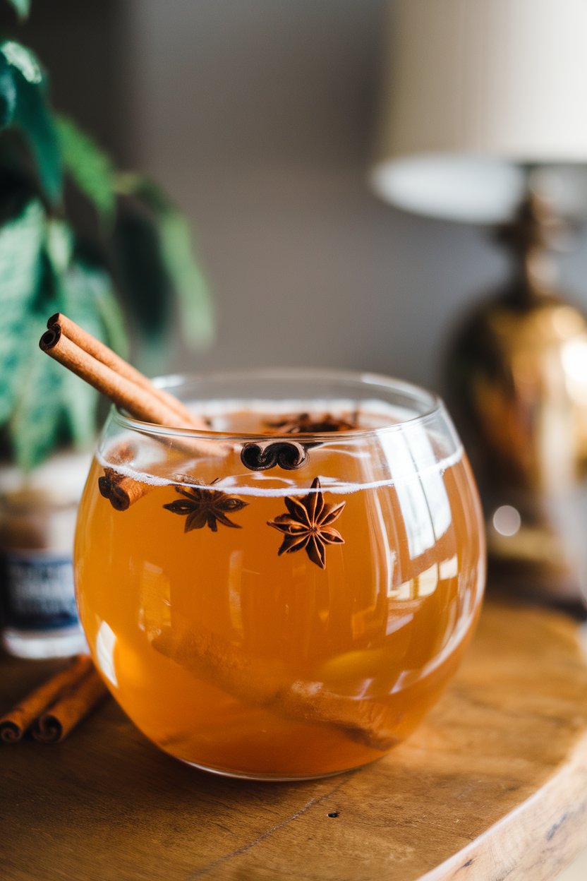 An indoor punch bowl gleaming with golden rum punch, cinnamon sticks and star anise floating on top. No logos present.