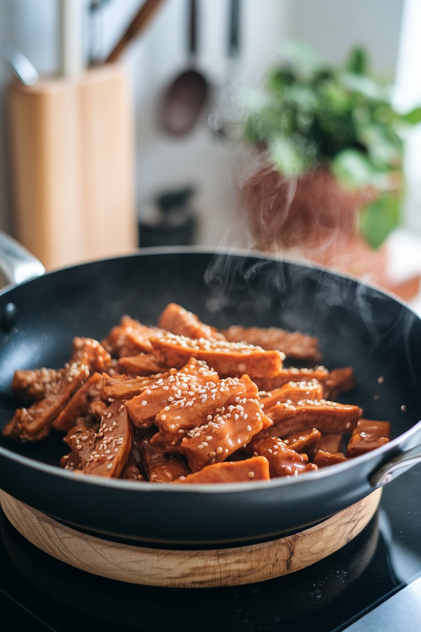 Indoor stir-fry pan with glazed seitan strips sprinkled with sesame seeds, steam rising. No text or logos.