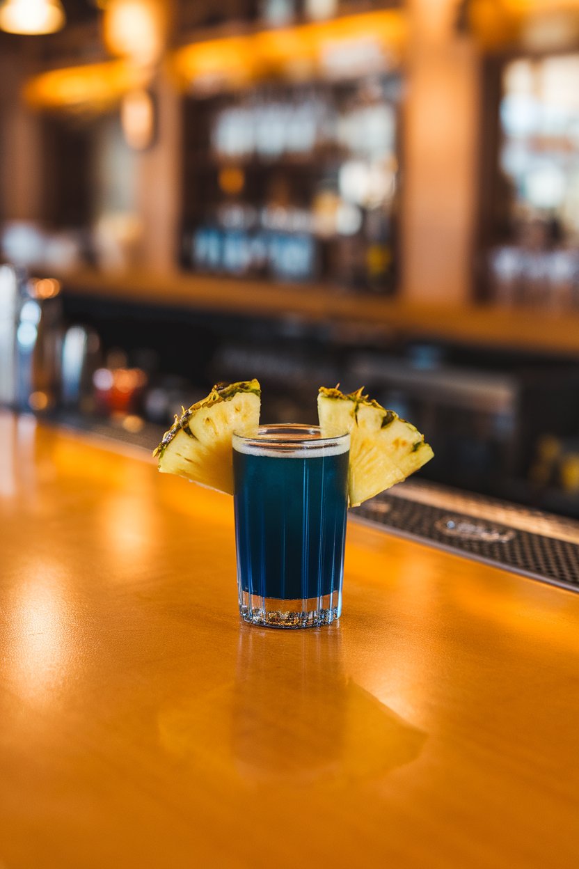 Photo of an indoor bar top featuring deep-blue liquid shots garnished with a thin crescent of pineapple on each rim; no text or logos in sight.