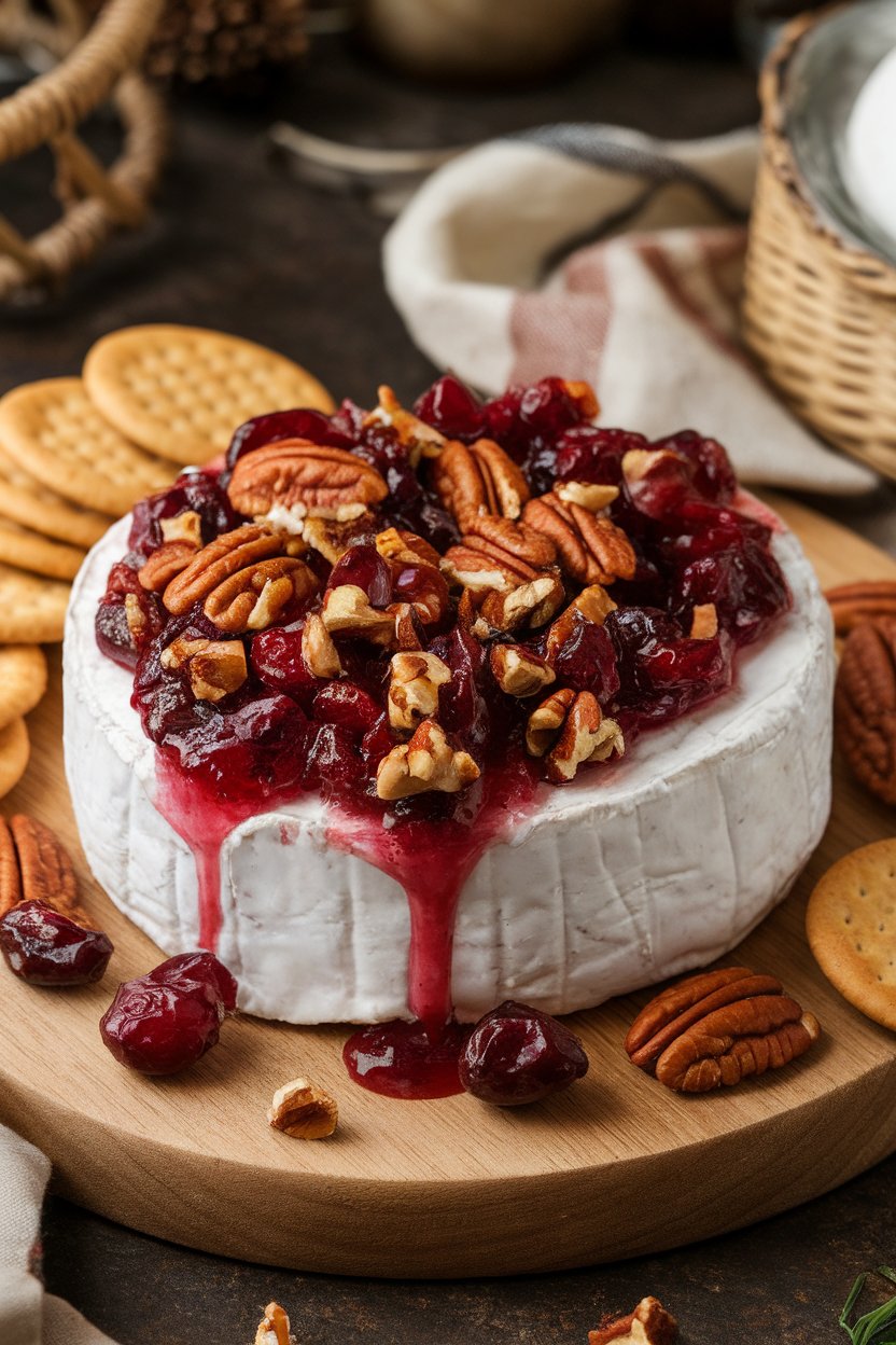 A round wheel of Brie topped with cranberry compote and chopped pecans, oozing slightly on an indoor wooden board, flanked by crackers. No text or logos. Photo.