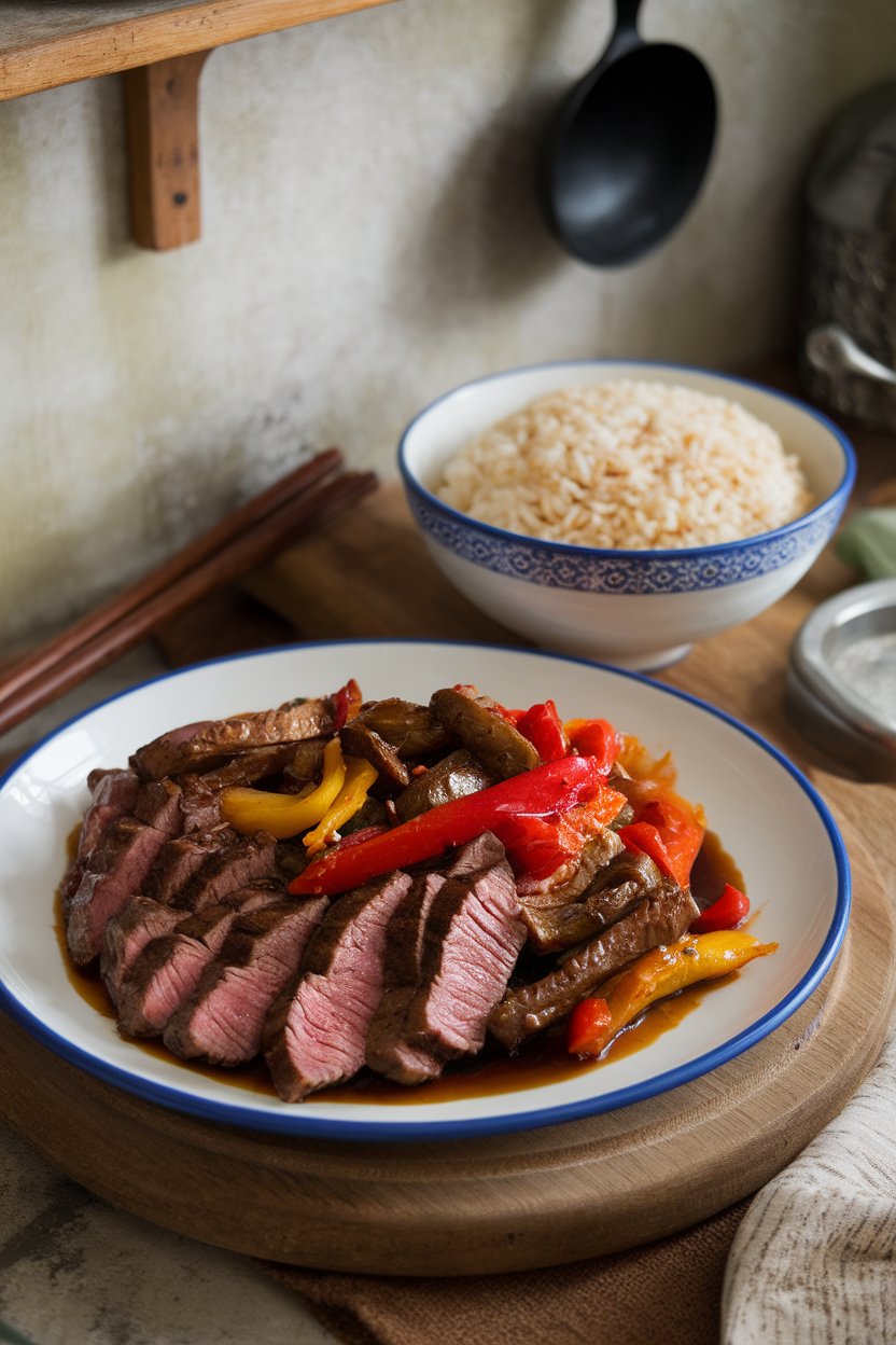 Indoor stovetop scene featuring a wok filled with sliced flank steak, red and yellow peppers, and a glossy soy-ginger sauce, served beside a bowl of steamed brown rice. Photo, no text or logos.