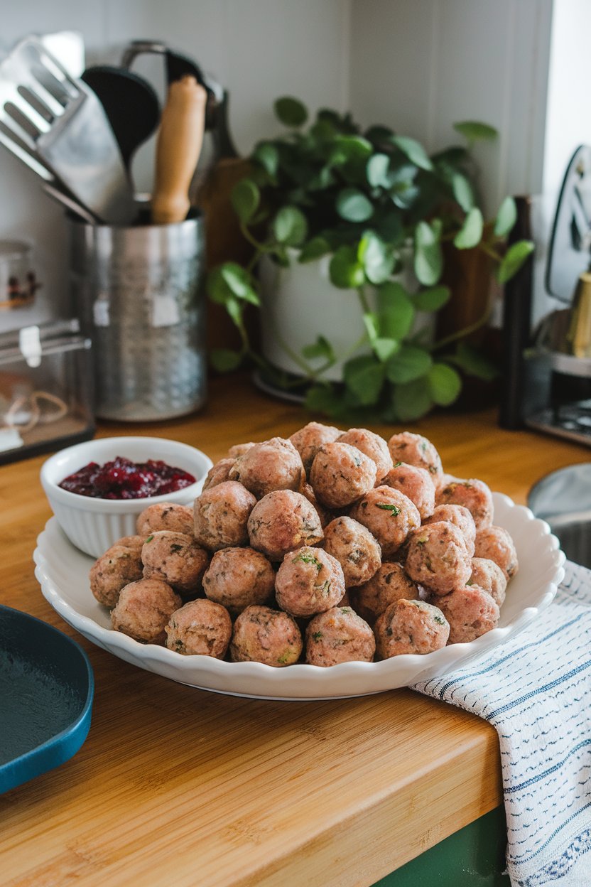 A platter of bite-sized turkey meatballs and a small bowl of cranberry dipping sauce on a kitchen counter. No text or logos.