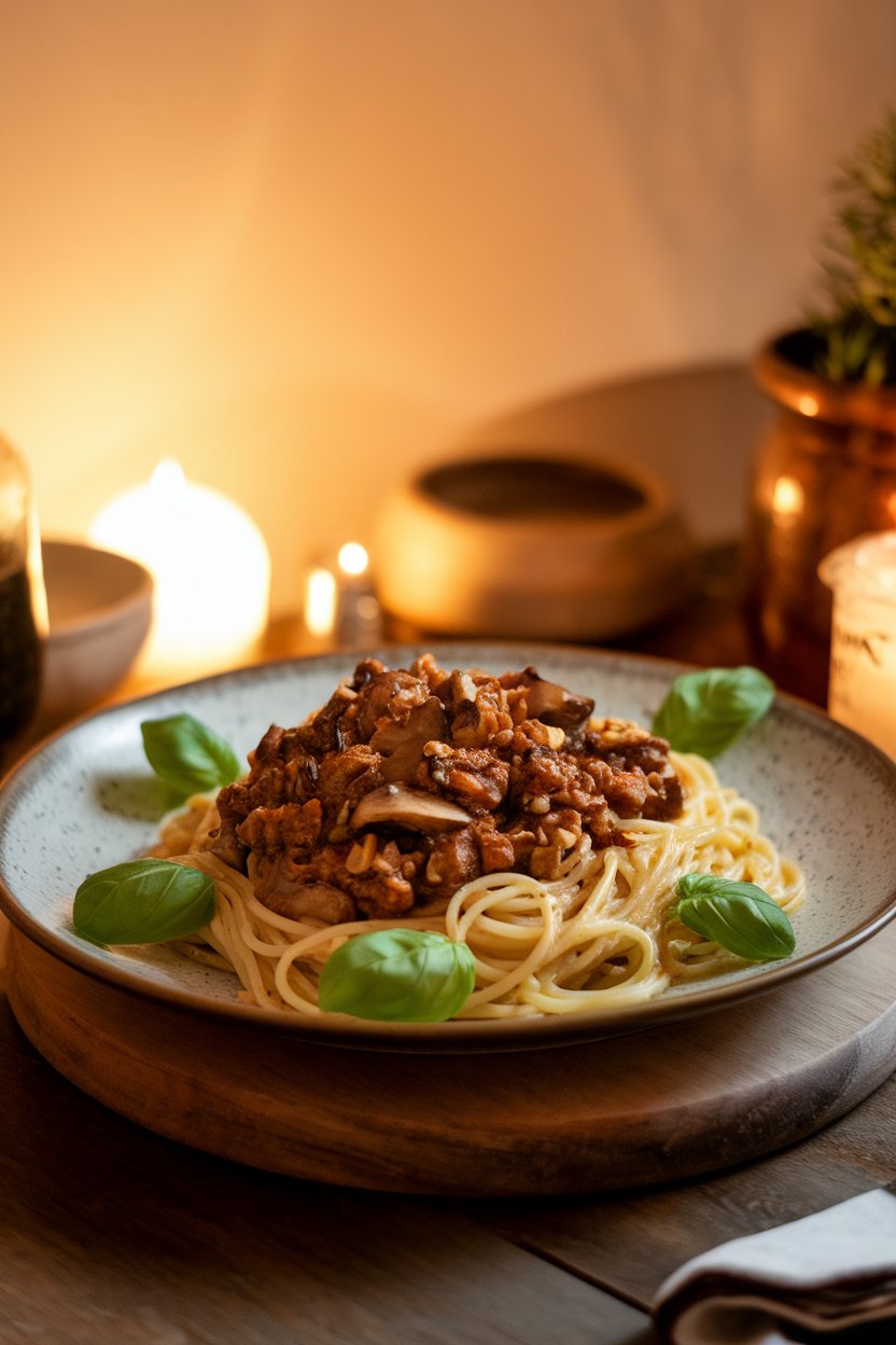 A warmly lit indoor table displaying a plate of spaghetti topped with chunky mushroom-walnut ragù, basil leaves scattered on top. No text or logos; photo, not illustration.