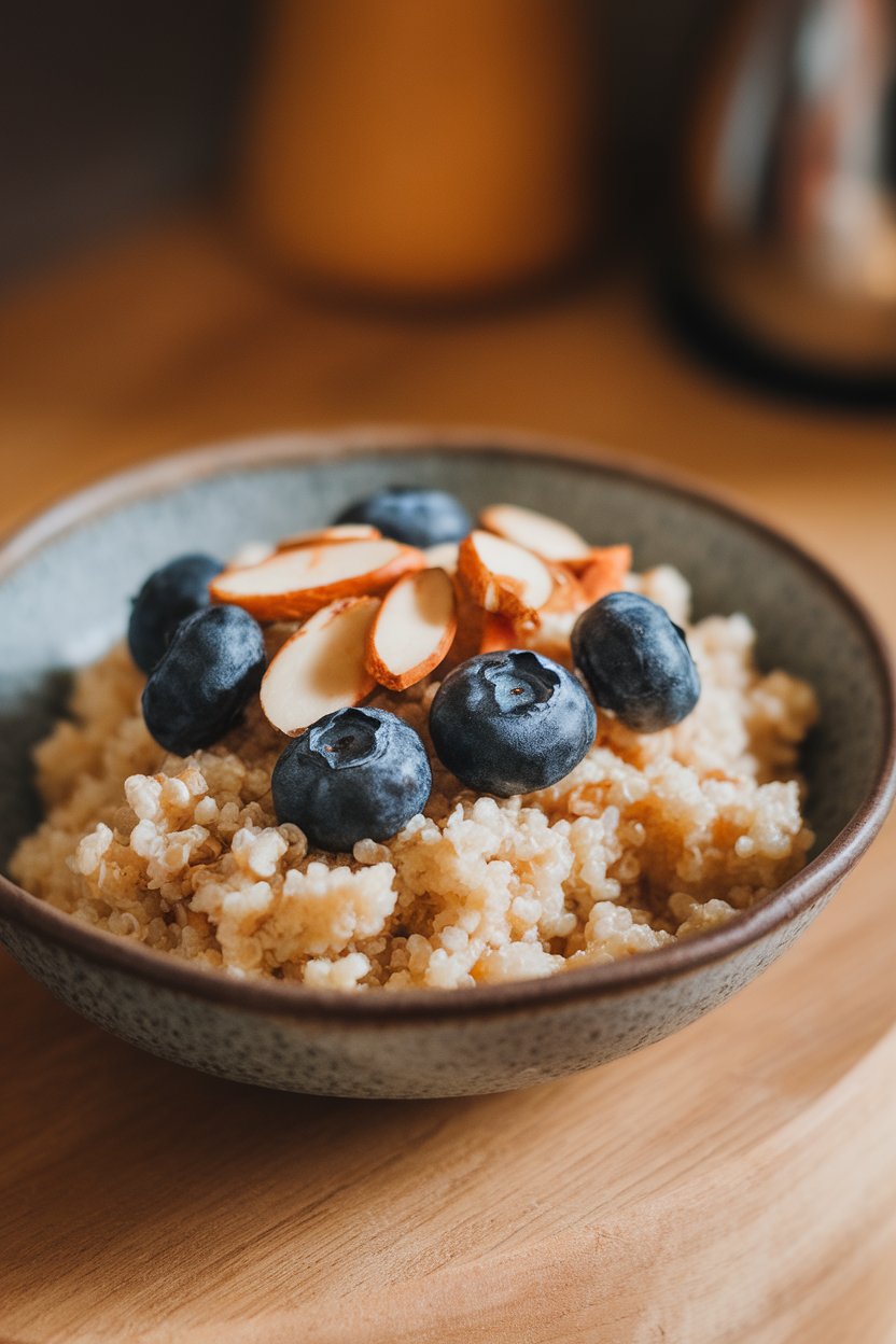 Warm indoor lighting over a shallow bowl of fluffy cooked quinoa topped with sliced almonds, blueberries, and a drizzle of honey. Photo only, no logos or text.