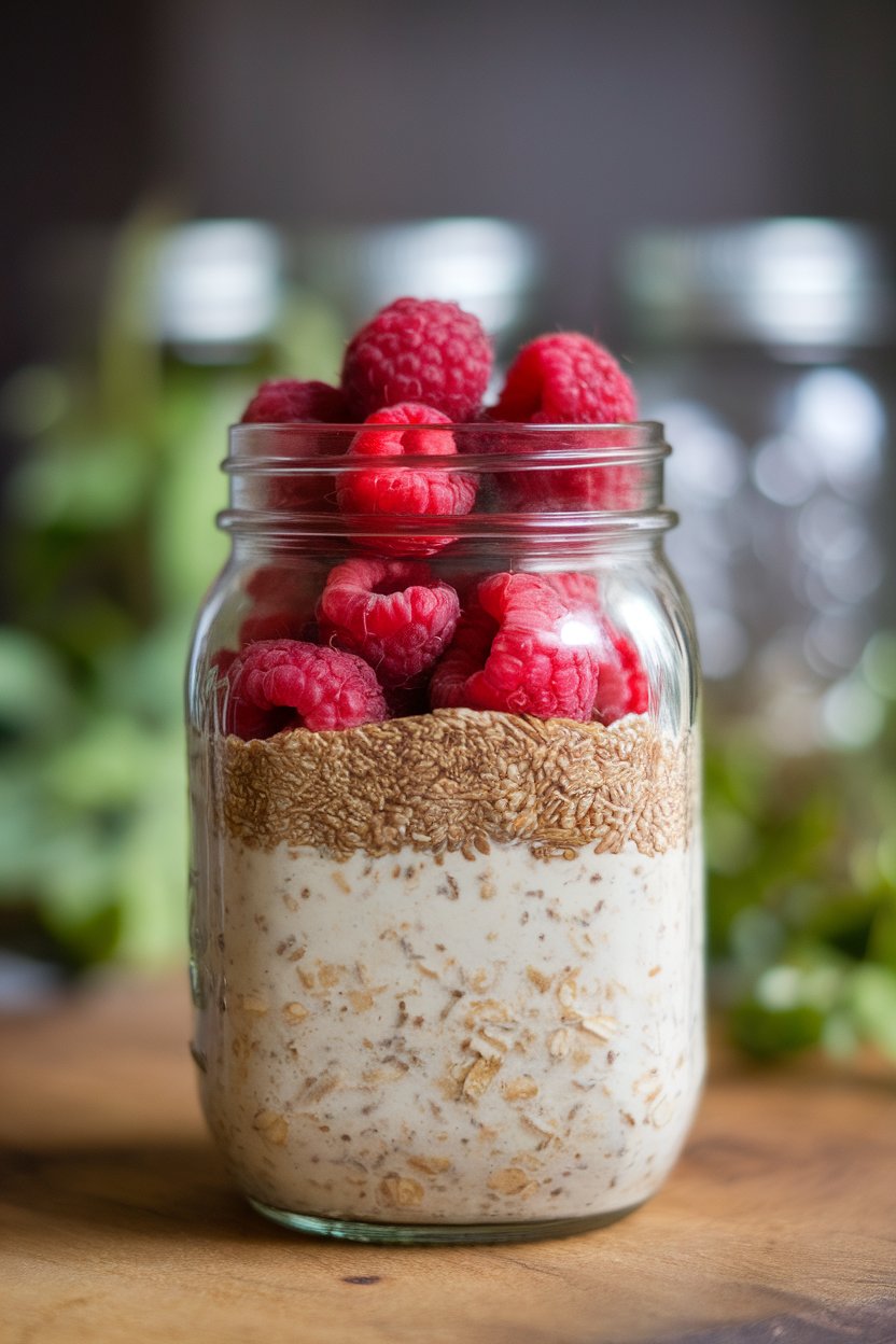 Photo of a mason jar filled with layered overnight oats, flaxseed, and fresh raspberries indoors; no text or logos present.
