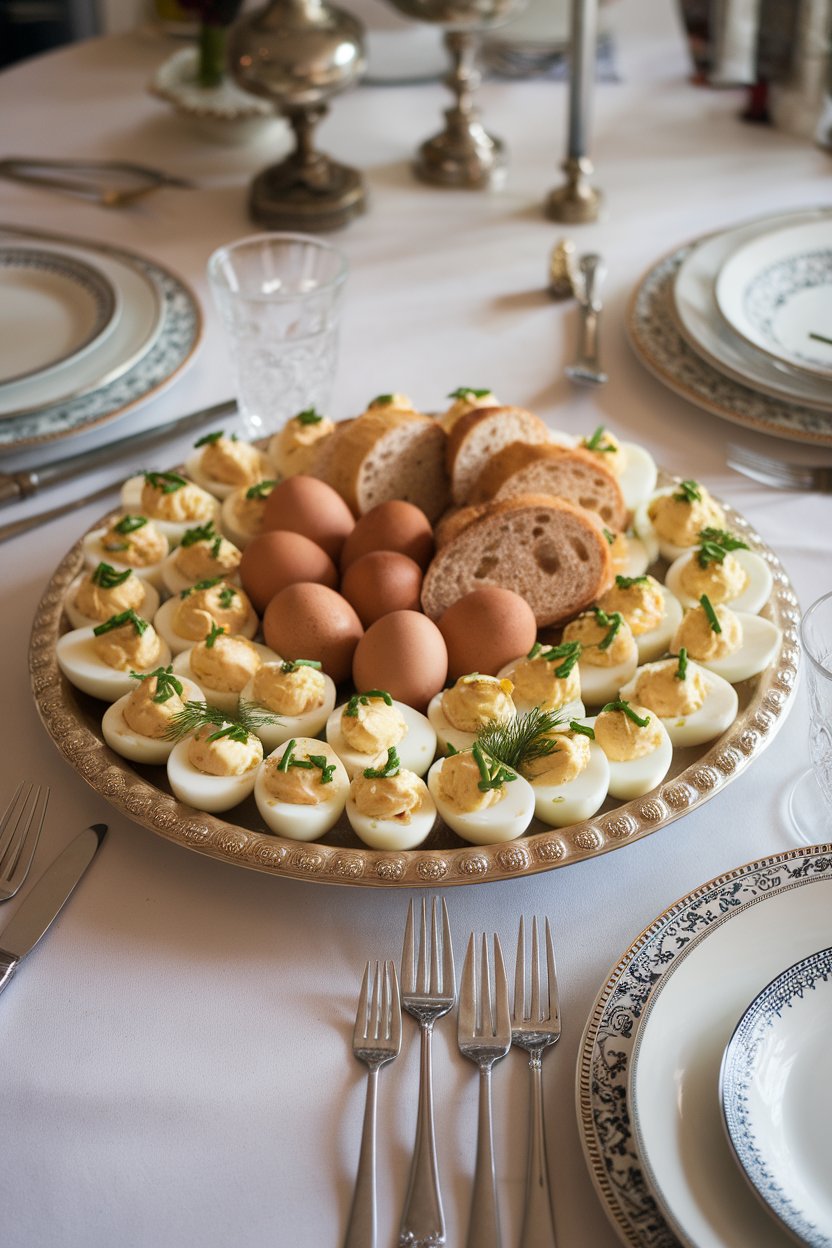 A classic egg platter on a dining table, halved deviled eggs topped with fresh dill and chives. No text or logos.