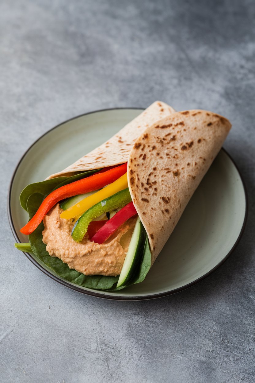 Indoor lunch plate displaying a whole-wheat wrap stuffed with hummus, colorful bell pepper strips, cucumber, and spinach. No text or logos; photo.