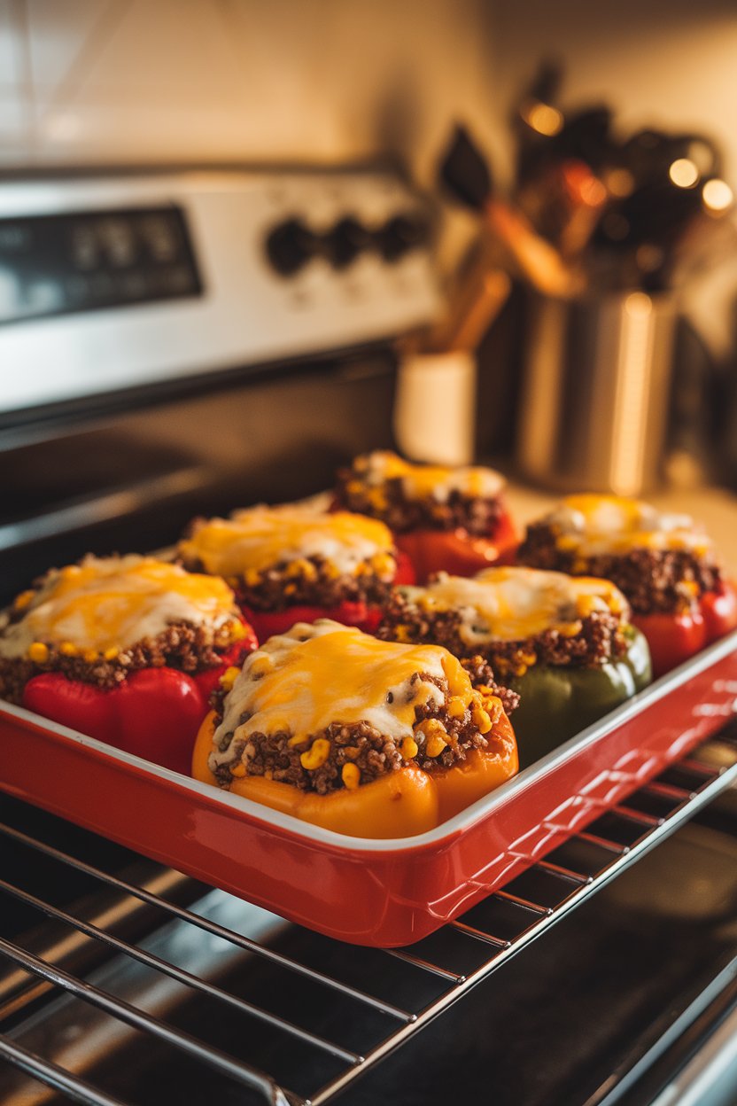 Indoor oven rack scene with colorful bell peppers stuffed with beef, quinoa, and corn, topped with melted cheese. Photo, no text or logos visible.