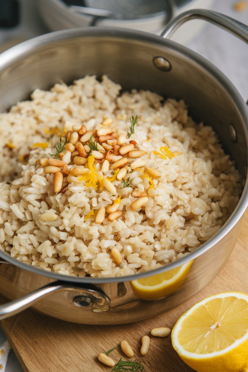 Indoor photo of brown rice pilaf dotted with toasted pine nuts and lemon zest in a saucepot. No text or logos; photograph.
