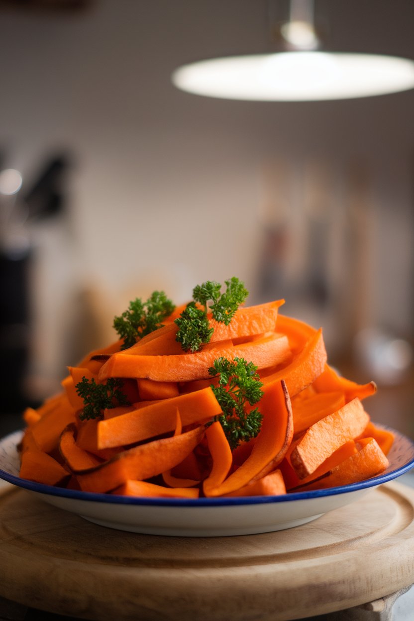 A plate indoors piled with sautéed sweet potato ribbons garnished with parsley; no text or logos, photo only