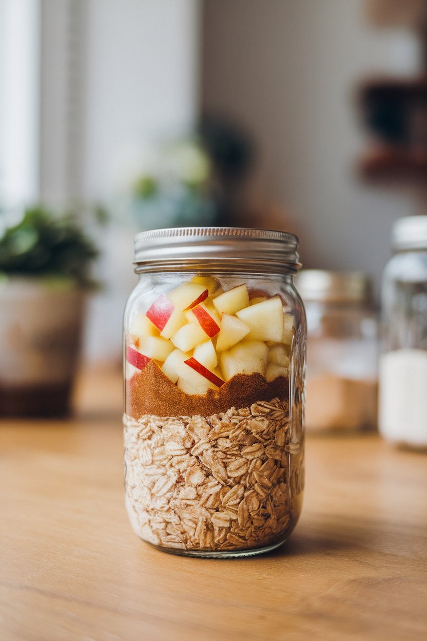 Indoor mason jar with layers of oats, diced apple, and cinnamon, ready for the fridge—no text or logos.