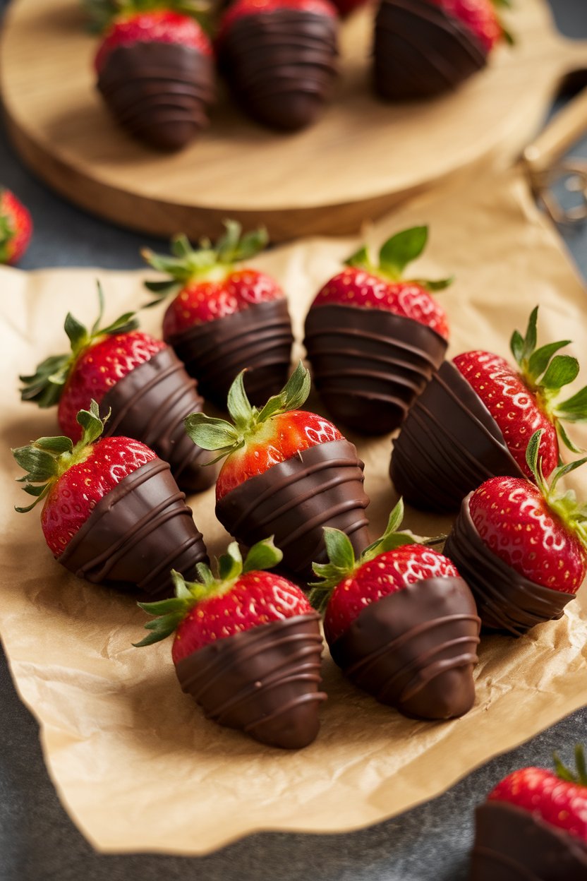 Indoor photo of fresh strawberries half-dipped in dark chocolate, resting on parchment paper; no text or logos.