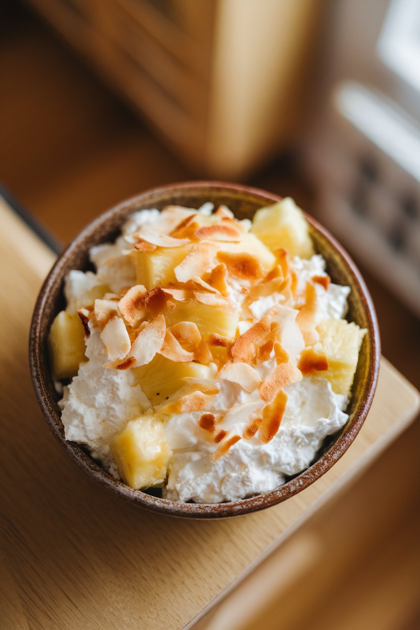 Indoor photo of a ceramic bowl filled with cottage cheese and pineapple chunks, sprinkled with toasted coconut flakes, overhead composition, no text or logos