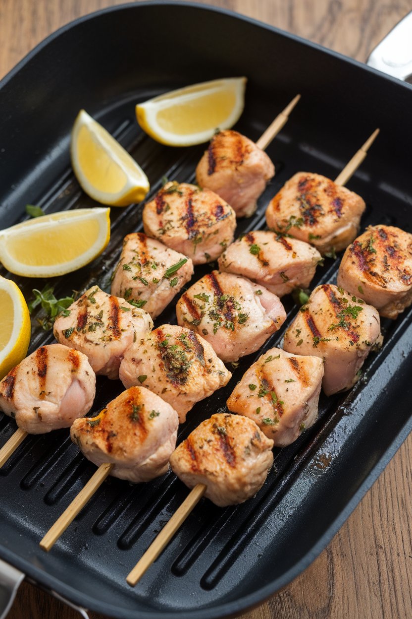 Photo of an indoor grill pan with cooked chicken cubes on wooden skewers sprinkled with oregano and served alongside lemon wedges; no text or logos