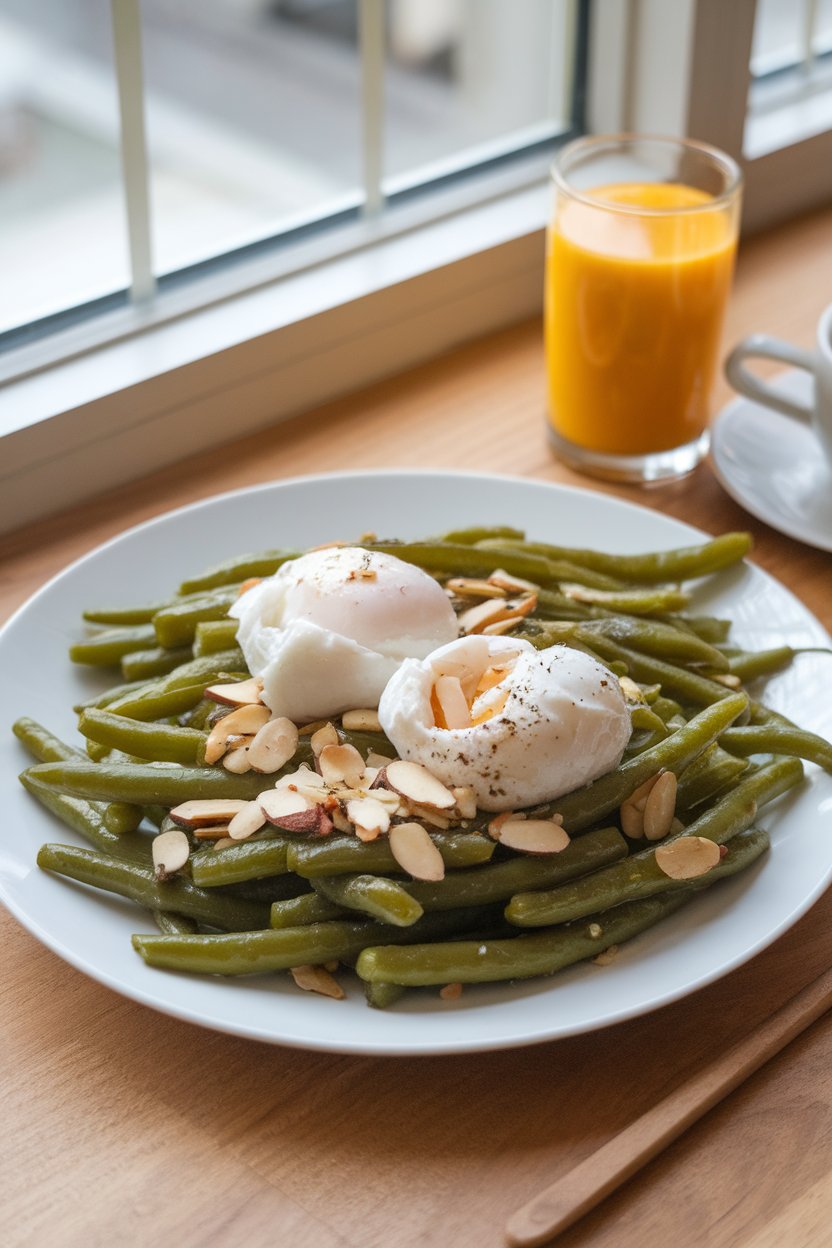Photo of an indoor breakfast plate containing sautéed green beans with sliced almonds and two poached eggs on top; no text or logos