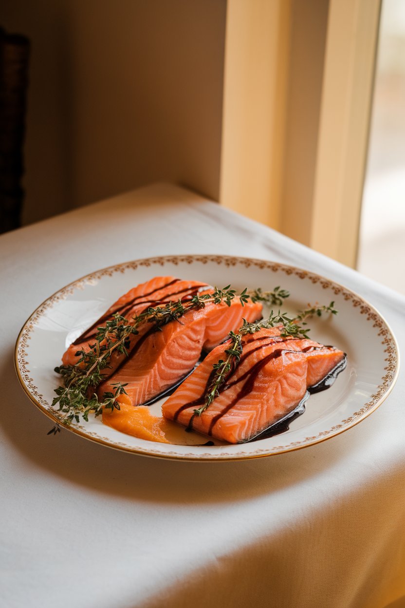A warmly lit indoor table presenting salmon fillets glazed with peach purée and balsamic, garnished with fresh thyme sprigs. No logos or text in sight.