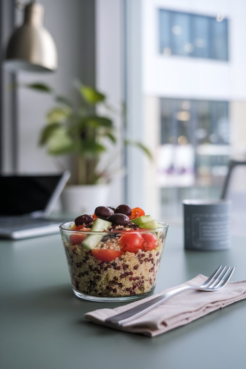 An indoor office desk set with a glass container of quinoa salad, fork resting on a cloth napkin, no text or logos, photo only