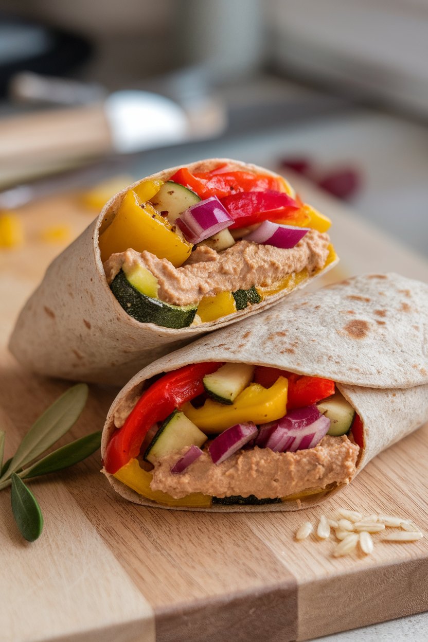 Indoor wrap cut in half showing colorful roasted vegetables and hummus inside a whole-grain tortilla—no text or logos.