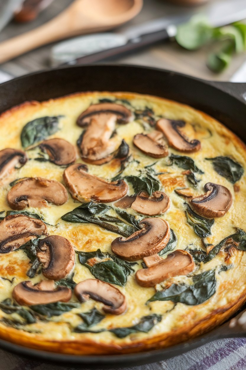 Indoor skillet holding a golden-brown frittata packed with sliced mushrooms and spinach leaves. No text or branding.