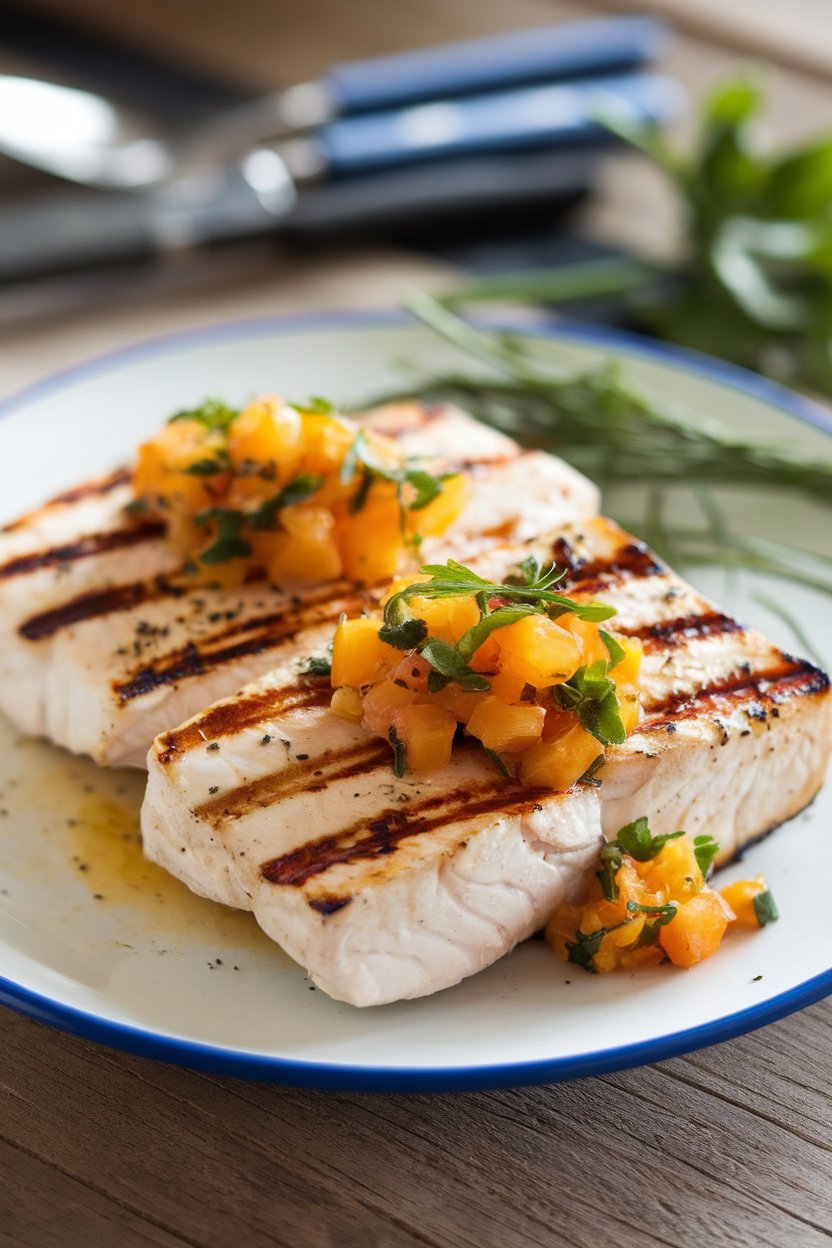 Indoor dining table featuring grilled halibut fillets with grill marks, topped with herb citrus salsa. No raw fish; no text or logos; photo.