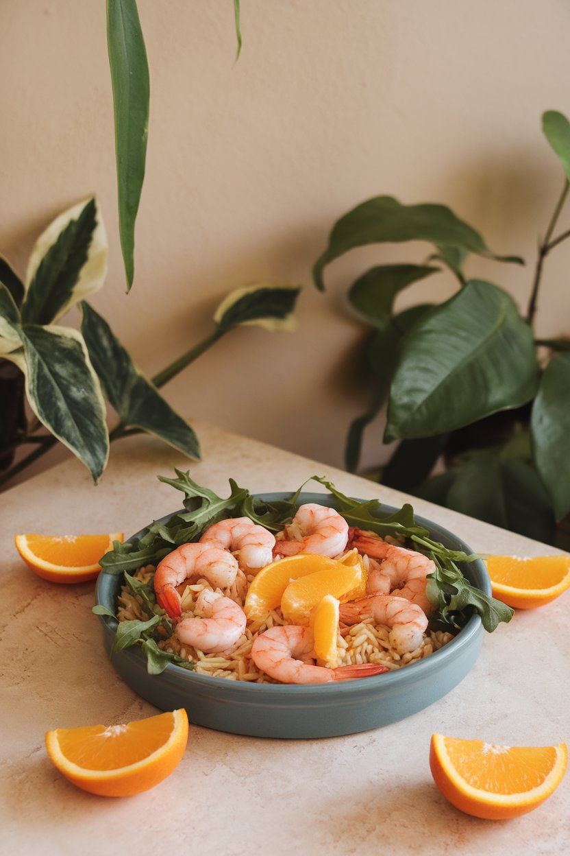 An indoor table with a shallow ceramic dish of cooked shrimp, orzo, arugula, and orange segments; no text or logos.