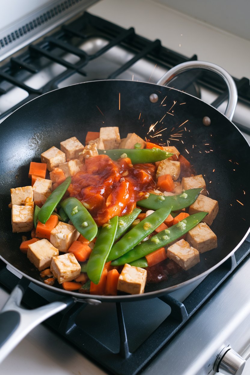 A sizzling wok on an indoor stovetop filled with cubed tofu, snap peas, carrots, and a glossy chili-garlic sauce. No logos on cookware or utensils.