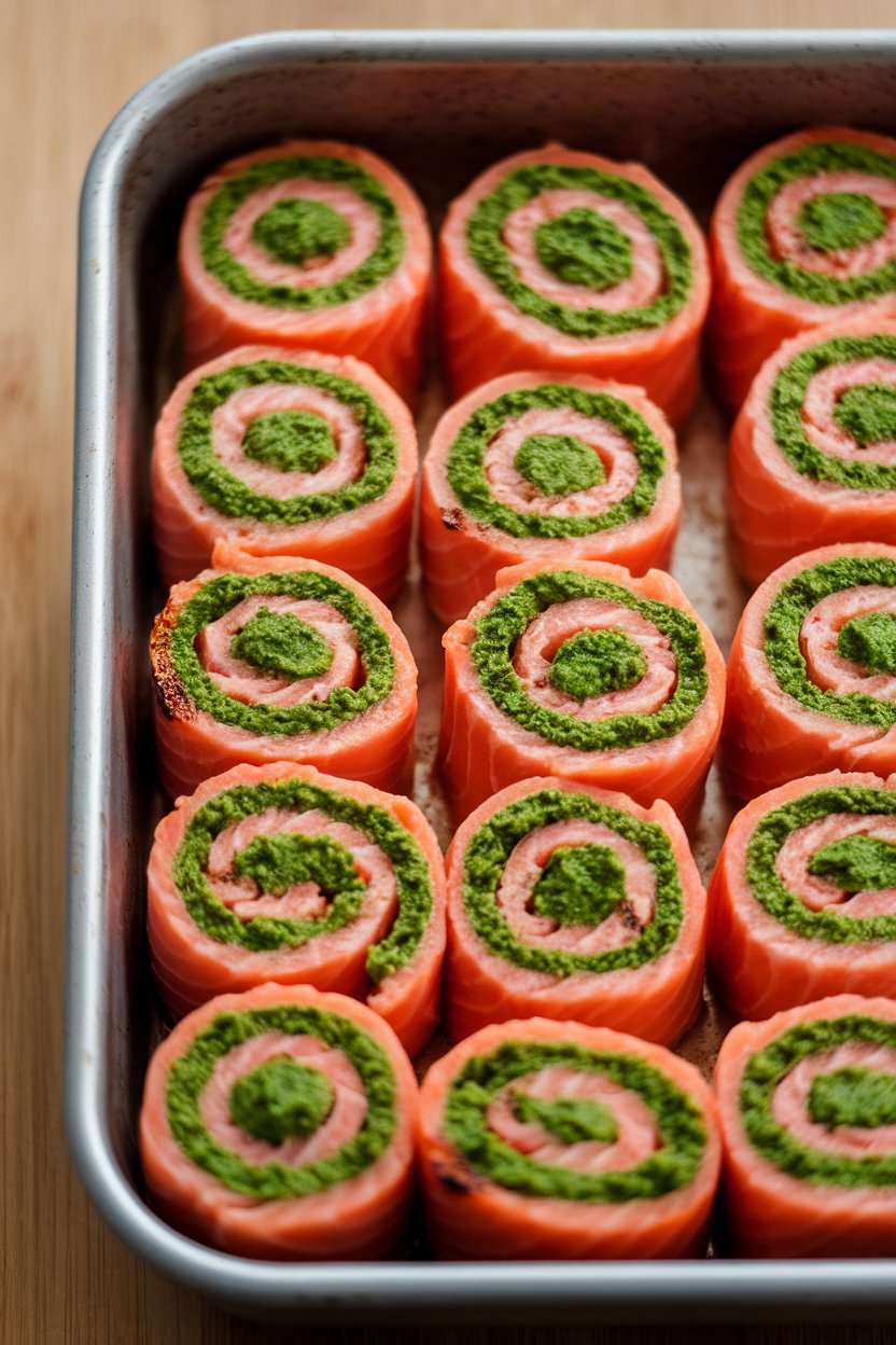 An indoor baking dish containing rolled salmon pinwheels filled with bright green spinach pesto, edges just starting to brown. No logos or text anywhere.