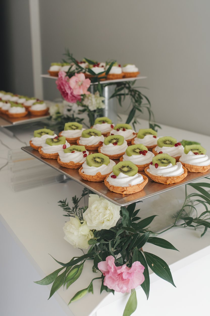 Indoor dessert stand of small crisp meringue nests filled with whipped cream, topped with kiwi slices and pomegranate seeds. No text or logos. Photo only.