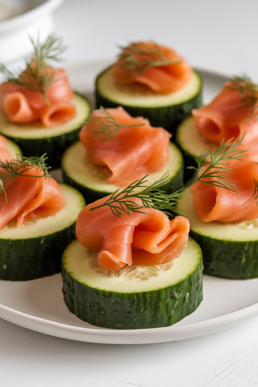Thick cucumber rounds topped with smoked salmon ribbons and dill sprigs on a chilled indoor plate. No text or logos. Photo.