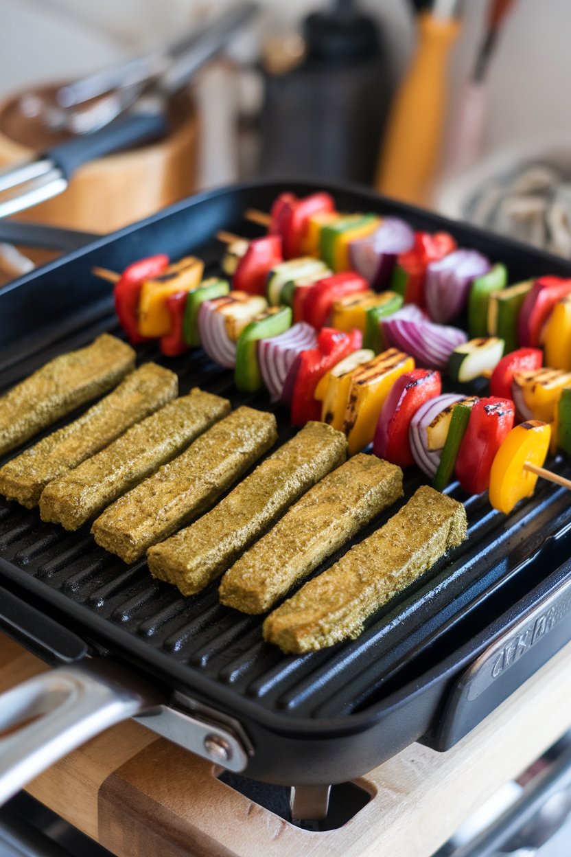 An indoor grill pan showing pesto-coated tempeh strips and colorful vegetable skewers; no text or logos.