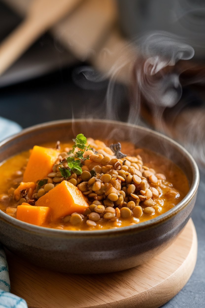 Indoor bowl of hearty orange-hued stew filled with butternut squash cubes and green lentils; steam wafts upward; photo, no text or logos.