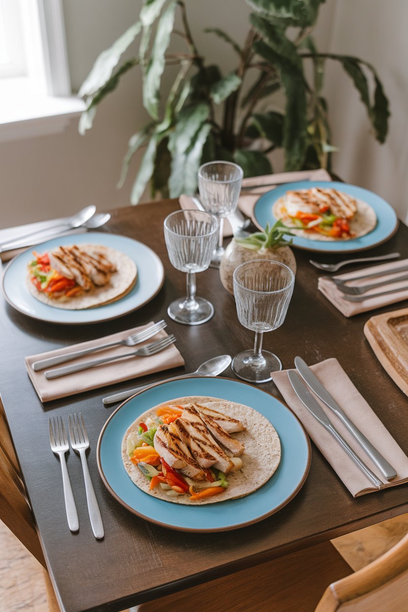 Photo of an indoor dining room table set for four, featuring whole-wheat tortilla wraps filled with grilled chicken strips and colorful veggies. No text or logos visible.