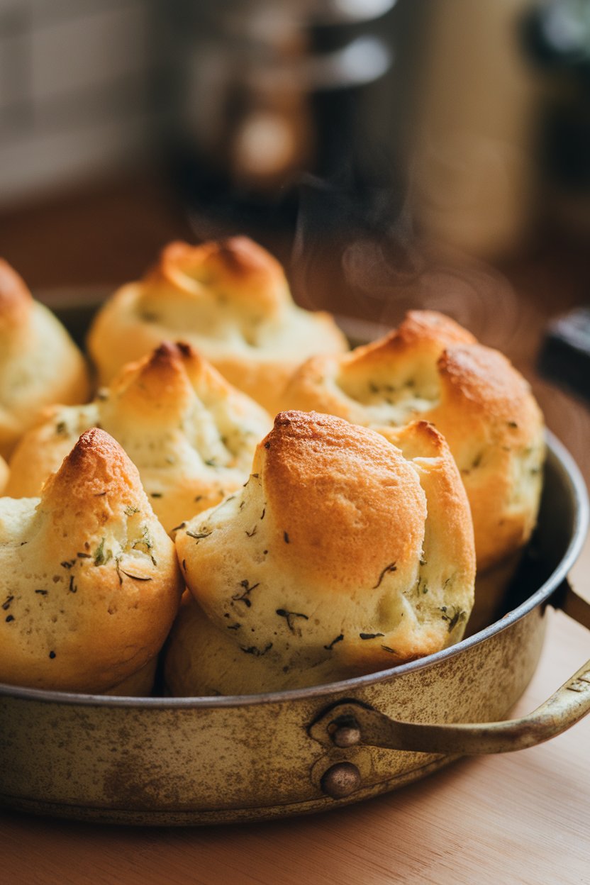 An indoor oven-view photo showing a popover pan with golden, puffed popovers flecked with herbs, steam visible. No logos or text.