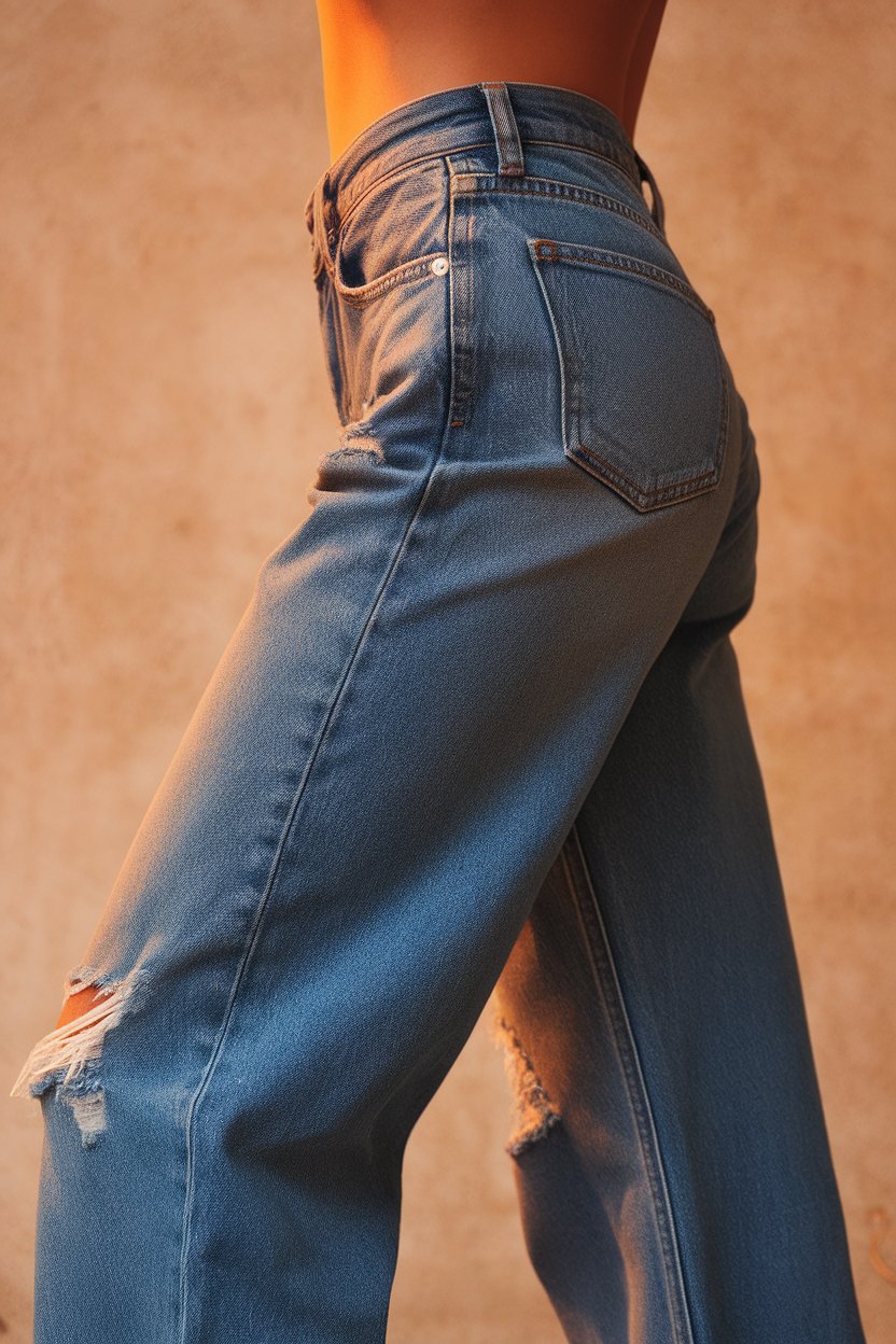 A pair of jeans fitting looser on a waist, shot from side at hip level, indoor lighting, no visible faces or logos.