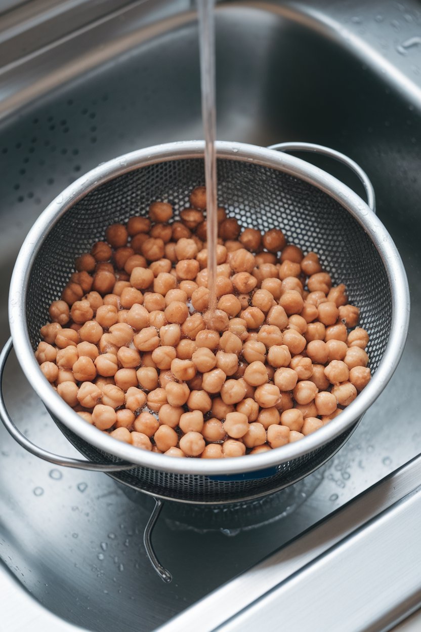An indoor sink scene with a colander of canned chickpeas being rinsed under cool water, steam absent to show they’re uncooked. No text or logos on colander.