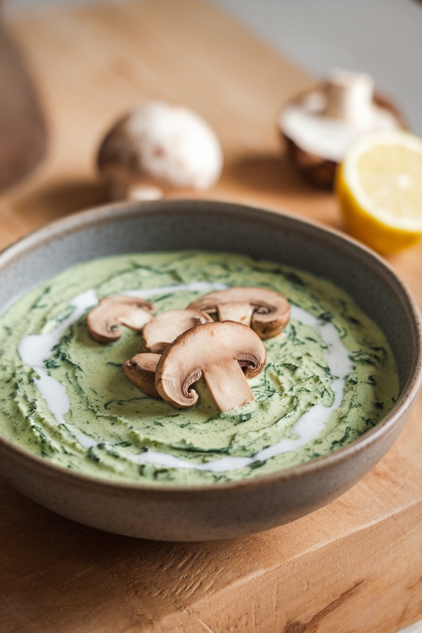 A shallow indoor bowl of creamy green spinach sauce with sliced mushrooms visible, garnished with a drizzle of coconut milk. No text or logos. Photo, not illustration.