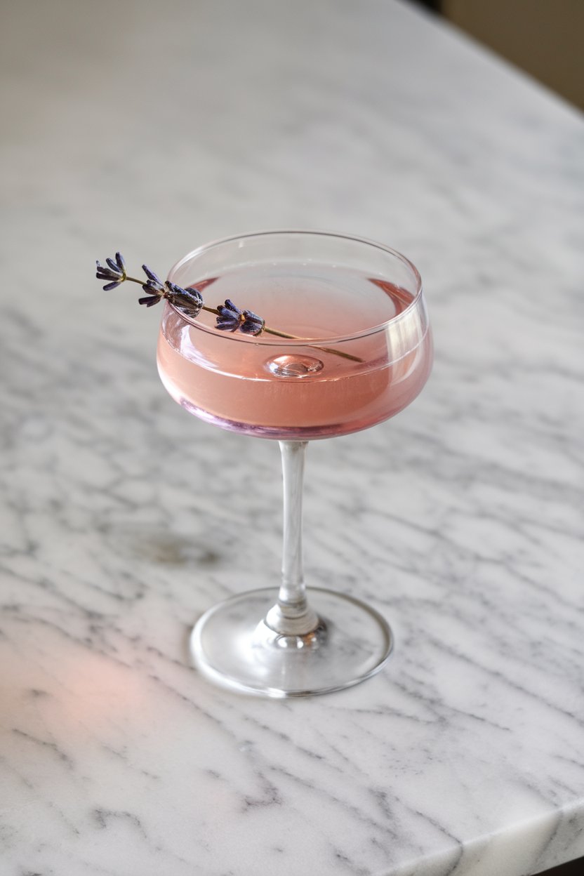 Coupe glass on an indoor marble countertop containing a blush lavender 75, lavender bud garnish floating. No branding visible.