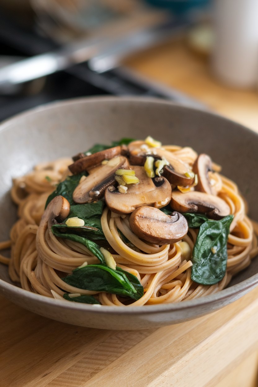 A shallow indoor bowl holding whole-wheat pasta tossed with sautéed mushrooms, spinach, and a light garlic oil. No text or logos. Photo, not illustration.