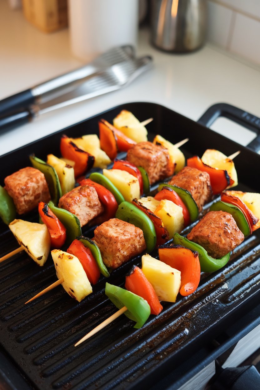Indoor grill-pan showcasing skewers of marinated tempeh, bell peppers, and pineapple chunks, slight char marks visible. Photo only, no text or logos.