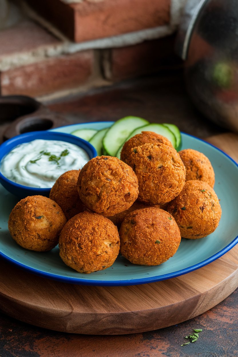 Indoor photo of a plate of golden baked falafel balls with a side dish of creamy tzatziki sauce and cucumber slices; no text or logos.