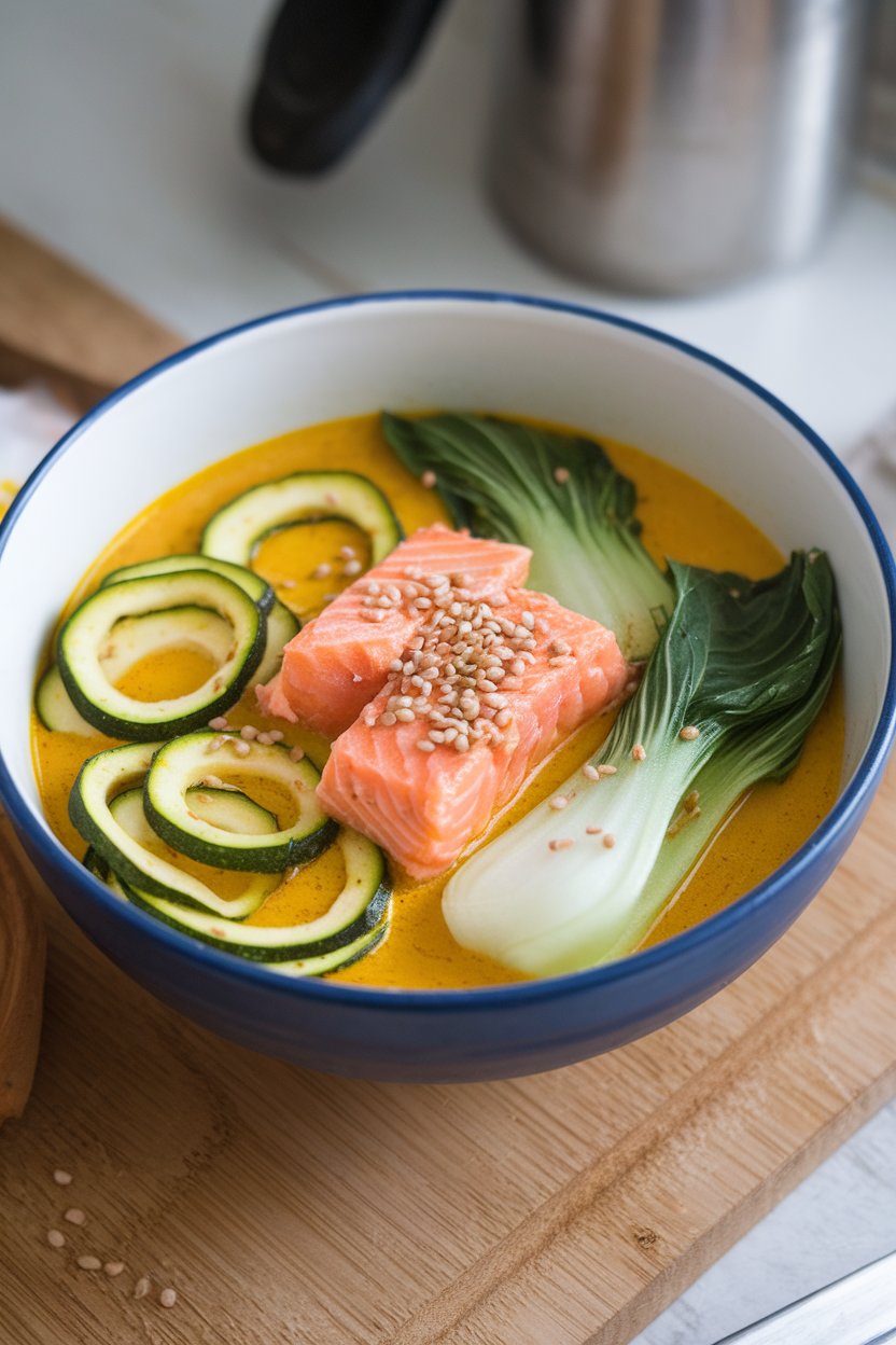 An indoor soup bowl filled with turmeric-ginger broth, zucchini spirals, cooked salmon chunks, and baby bok choy. No logos or text appear.