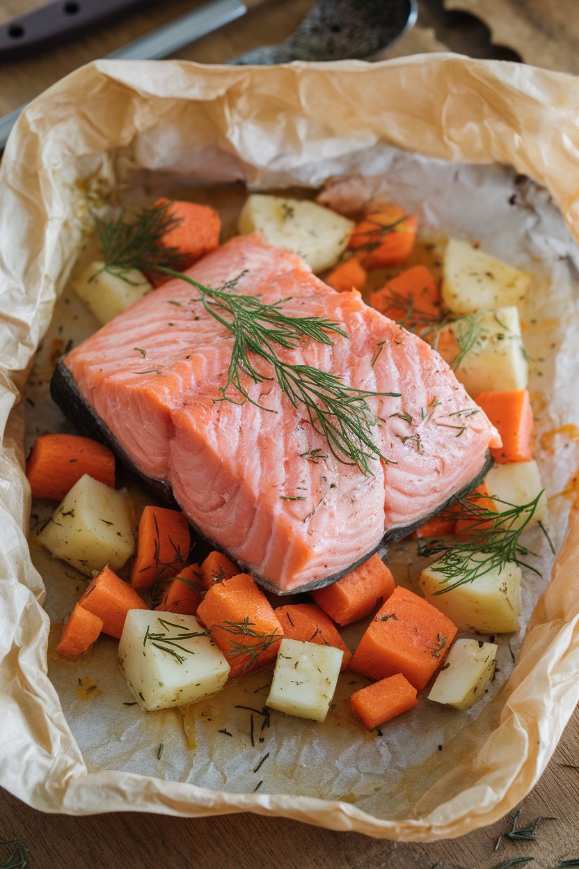 Indoor photo of an opened parchment packet revealing pink cooked salmon atop diced carrots and parsnips with dill sprigs, no raw fish. No text or logos.