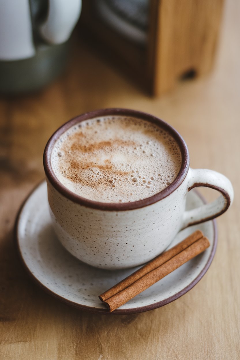 A photo of an indoor ceramic mug containing foamy chai latte made with oat milk, cinnamon stick resting on saucer; no text or logos.