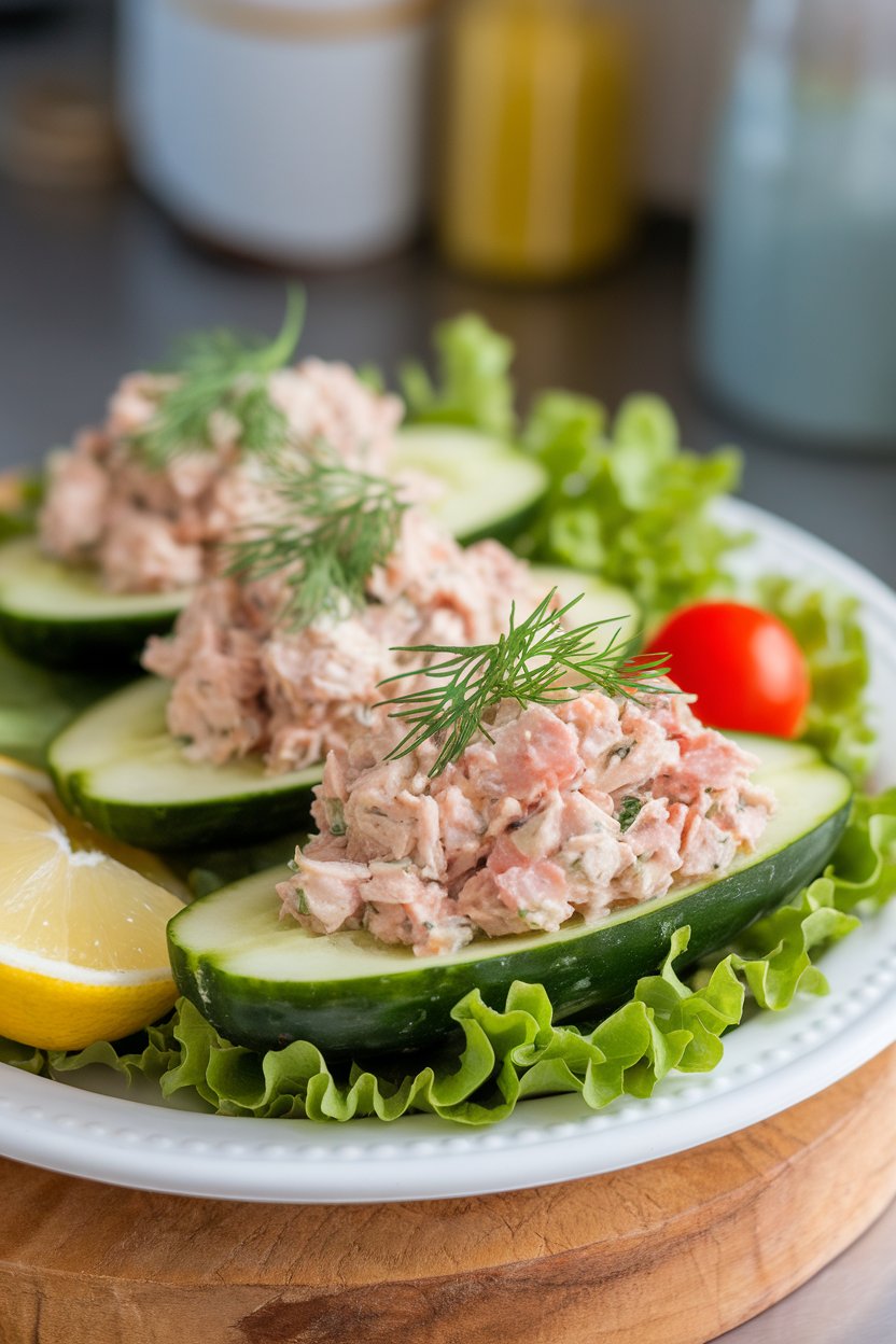 An indoor countertop shot showing cucumber halves scooped and filled with tuna salad, garnished with dill, on a white platter. No logos or text.