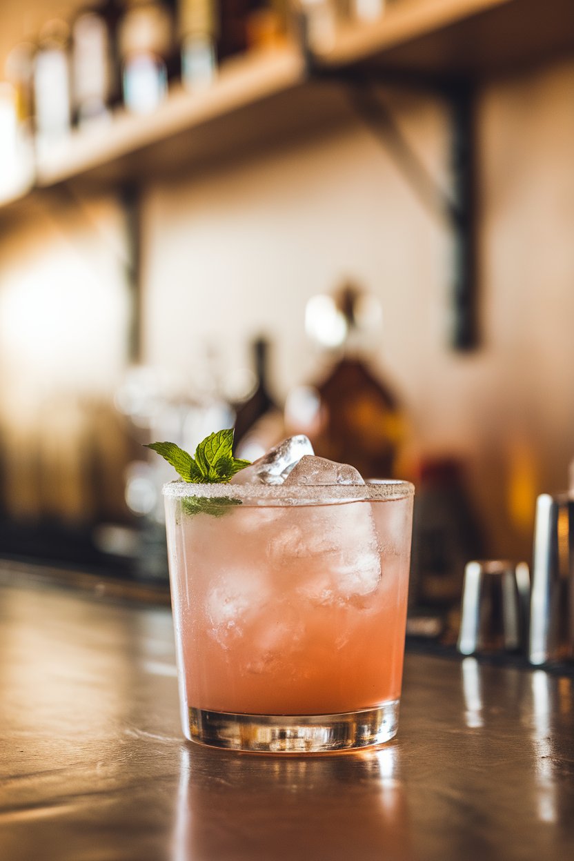 Indoor bar, rocks glass of pale pink margarita, tiny peppermint leaf floating, crushed ice; no logos.