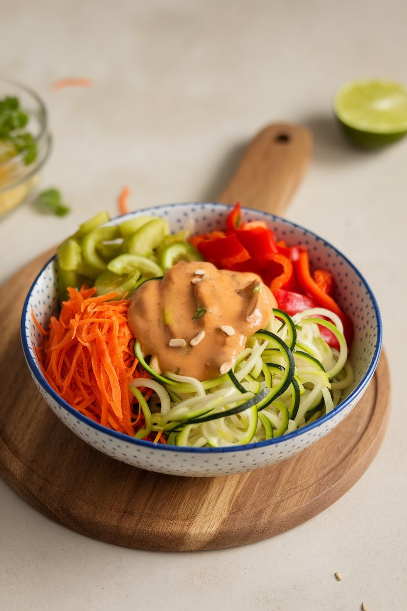 An indoor serving bowl filled with spiralized zucchini “noodles,” shredded carrots, bell peppers, and peanut-lime sauce; no text or logos.